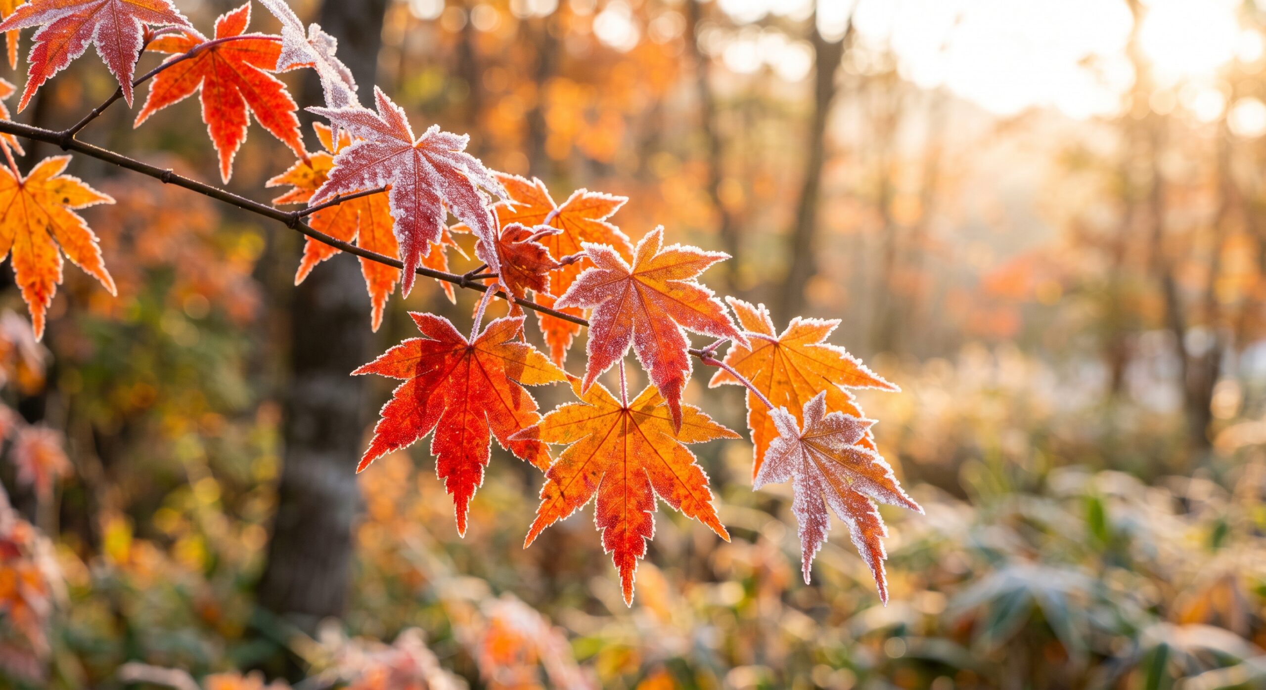 白い朝霜をまとって朝日に輝く鮮やかな紅葉の葉