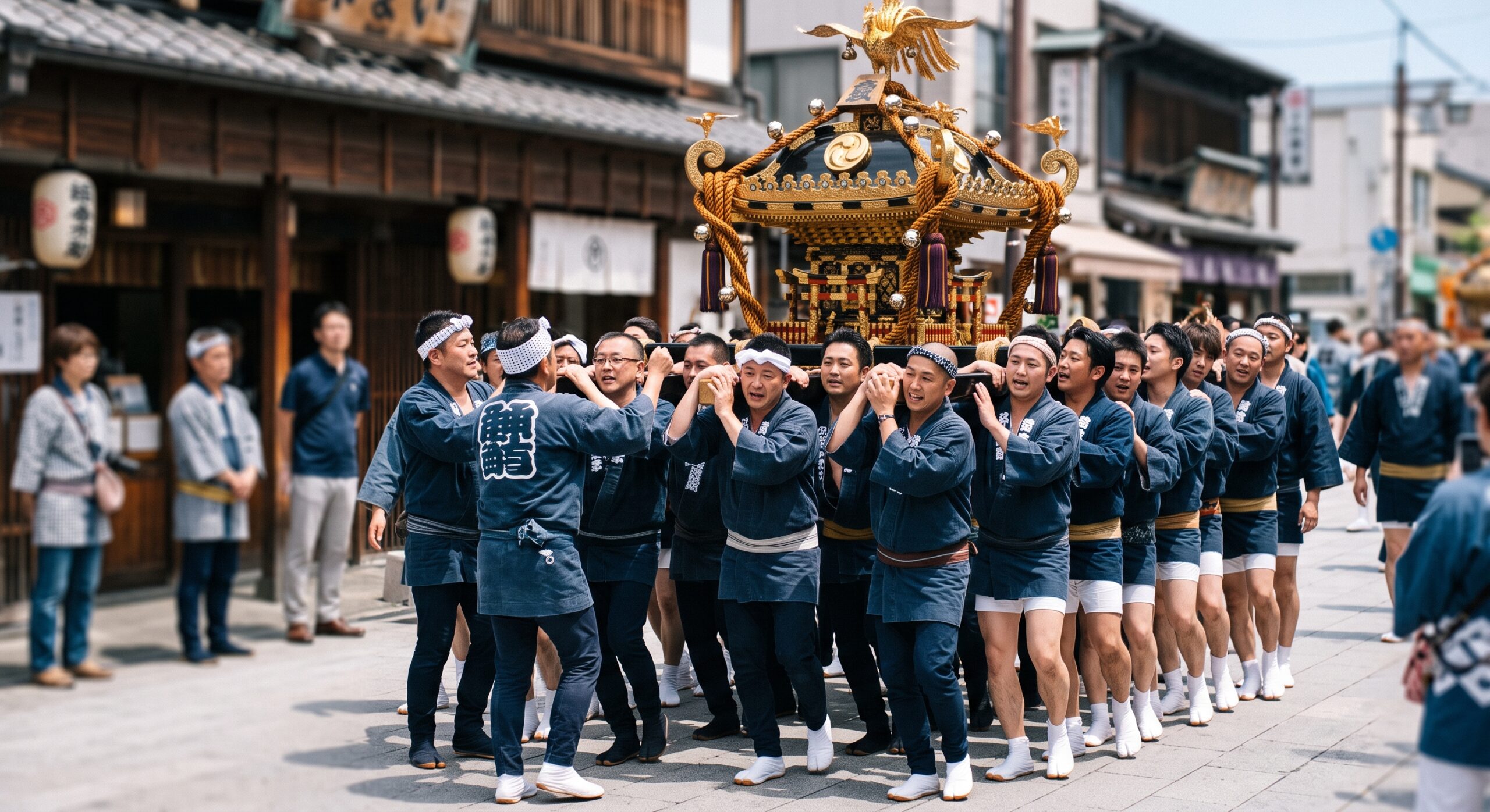 担ぎ手に囲まれた神輿が浅草の街を進む初夏の祭りの光景