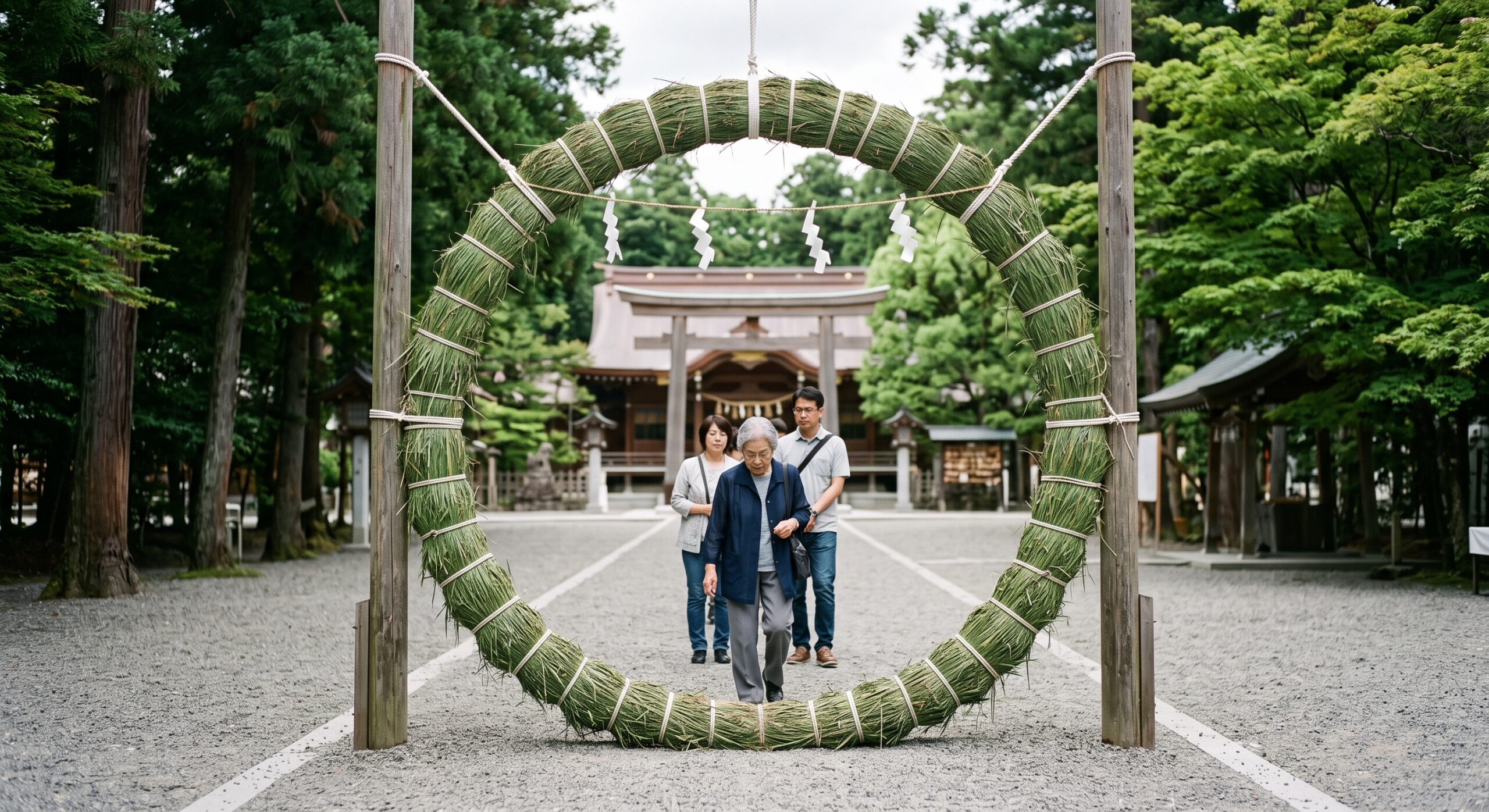 神社の参道に立てられた大きな茅の輪と参拝者の様子
