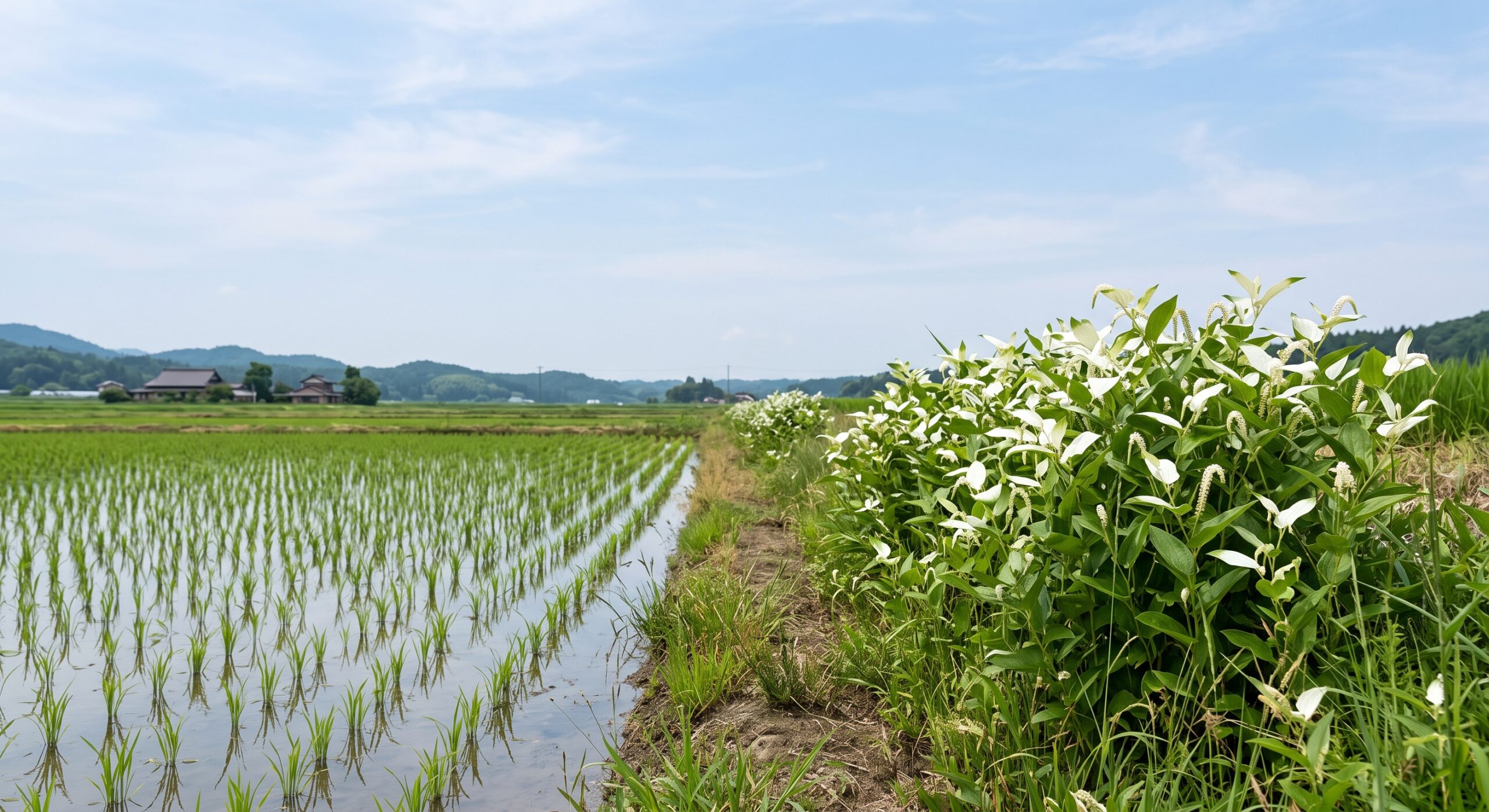 苗が根づいた水田と葉先が白く色づいた草の夏の風景