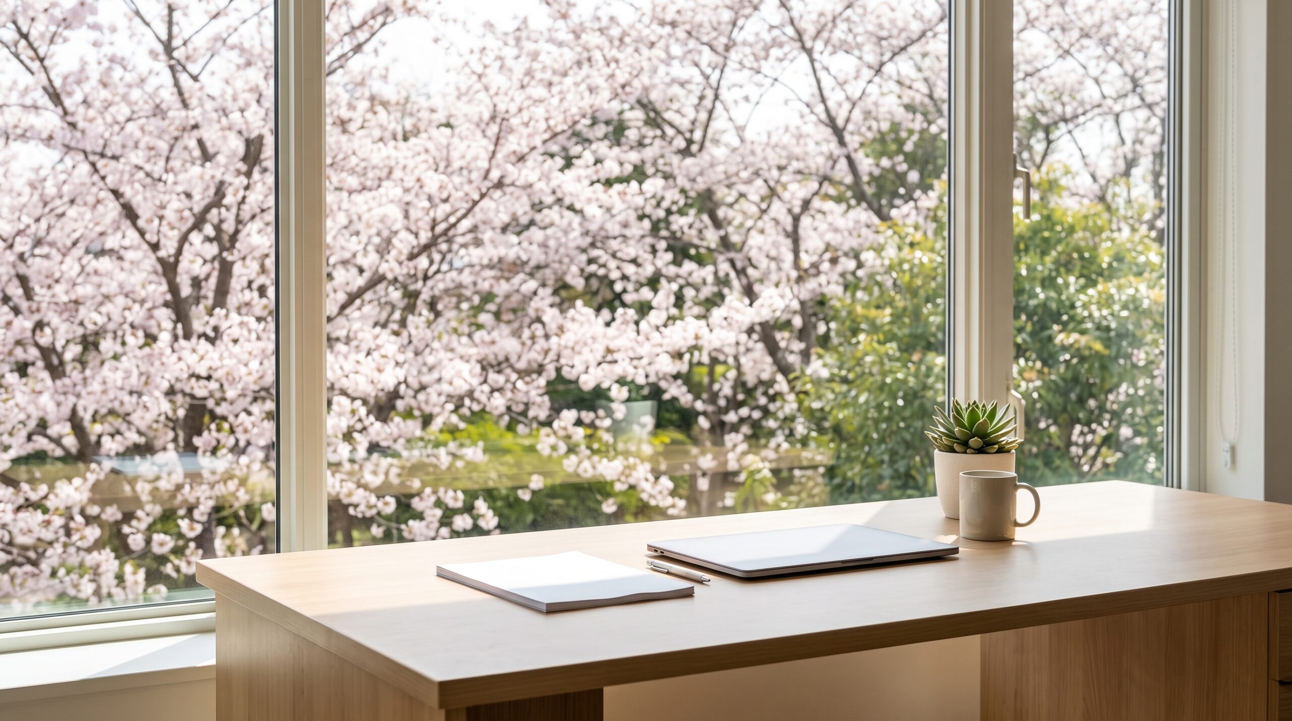 桜の咲く並木道と新しい書類が並ぶ職場の机の風景
