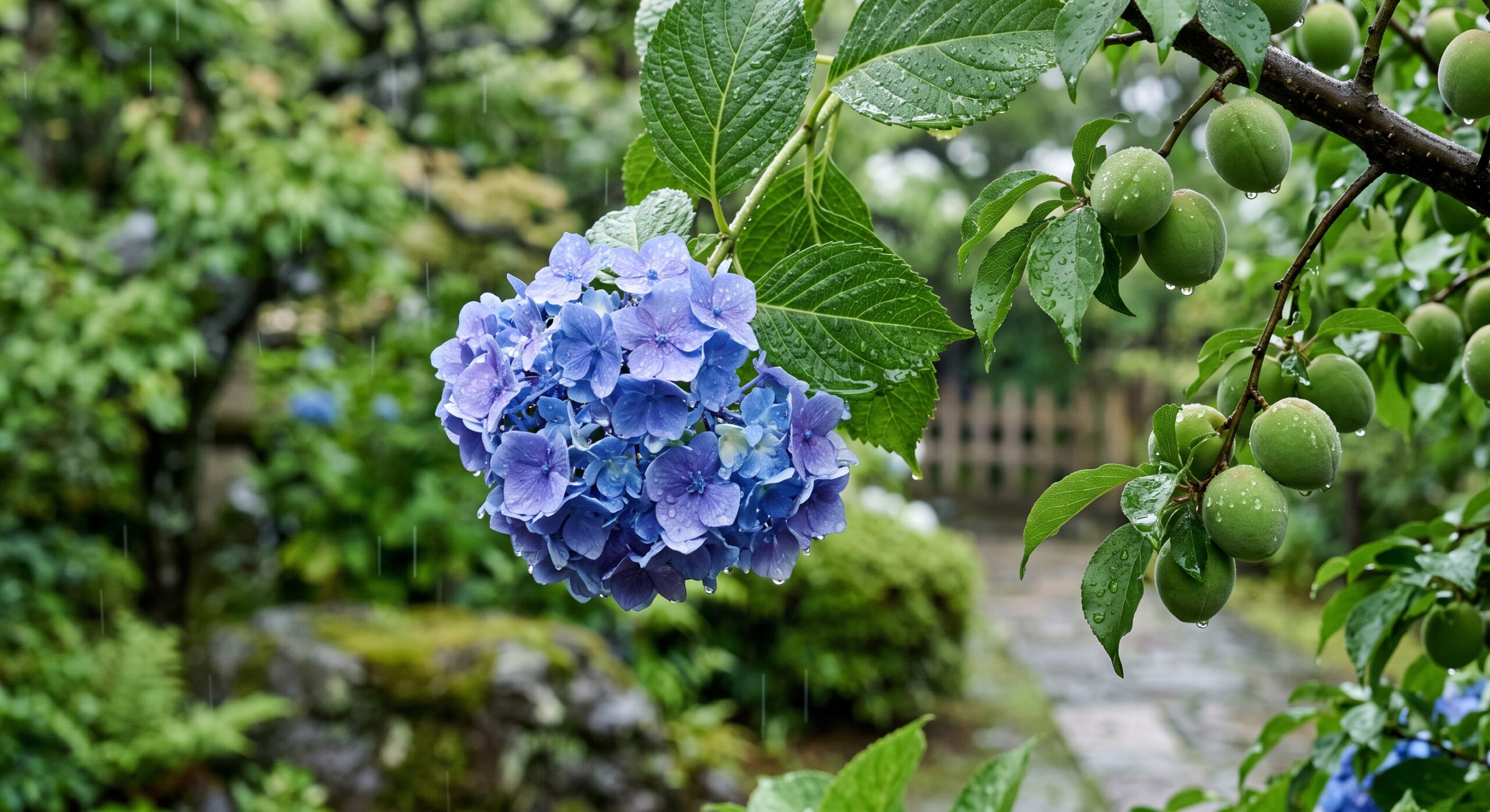 雨に濡れたあじさいと色づき始めた梅の実の初夏の風景