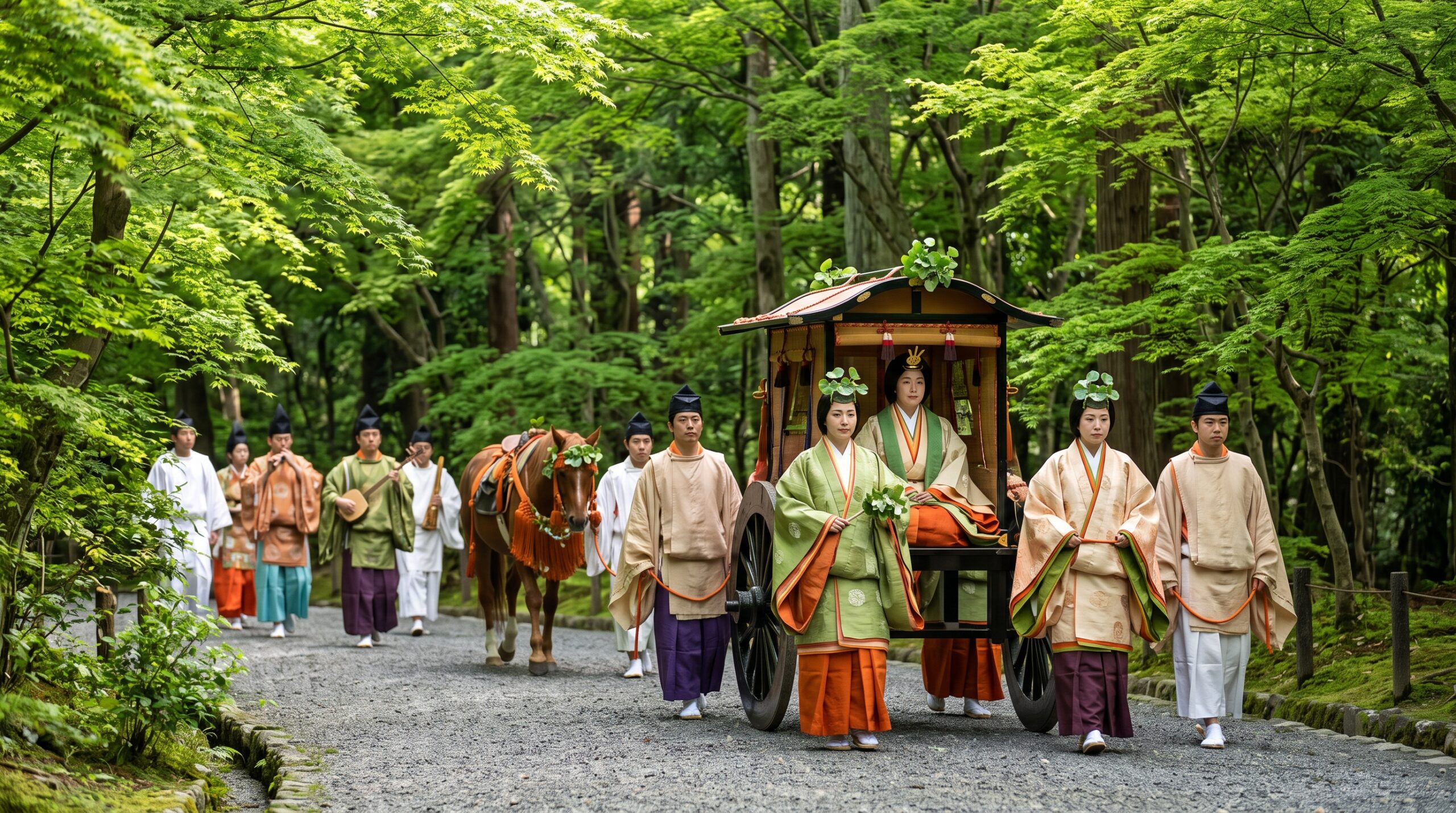 双葉葵を飾った平安装束の行列が新緑の道を進む光景