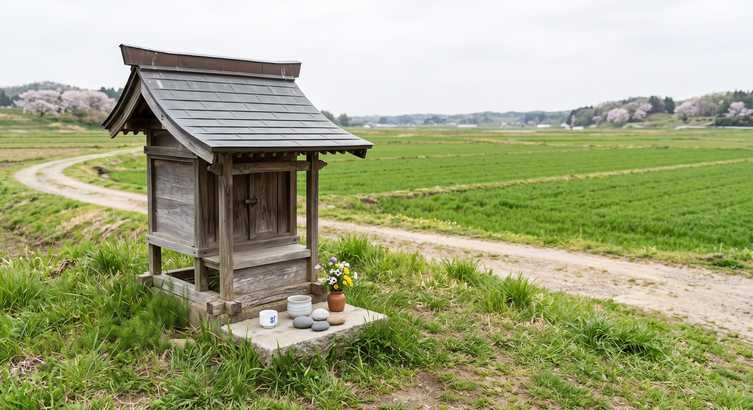 田畑を見下ろす小さな社に供え物が置かれた春の風景
