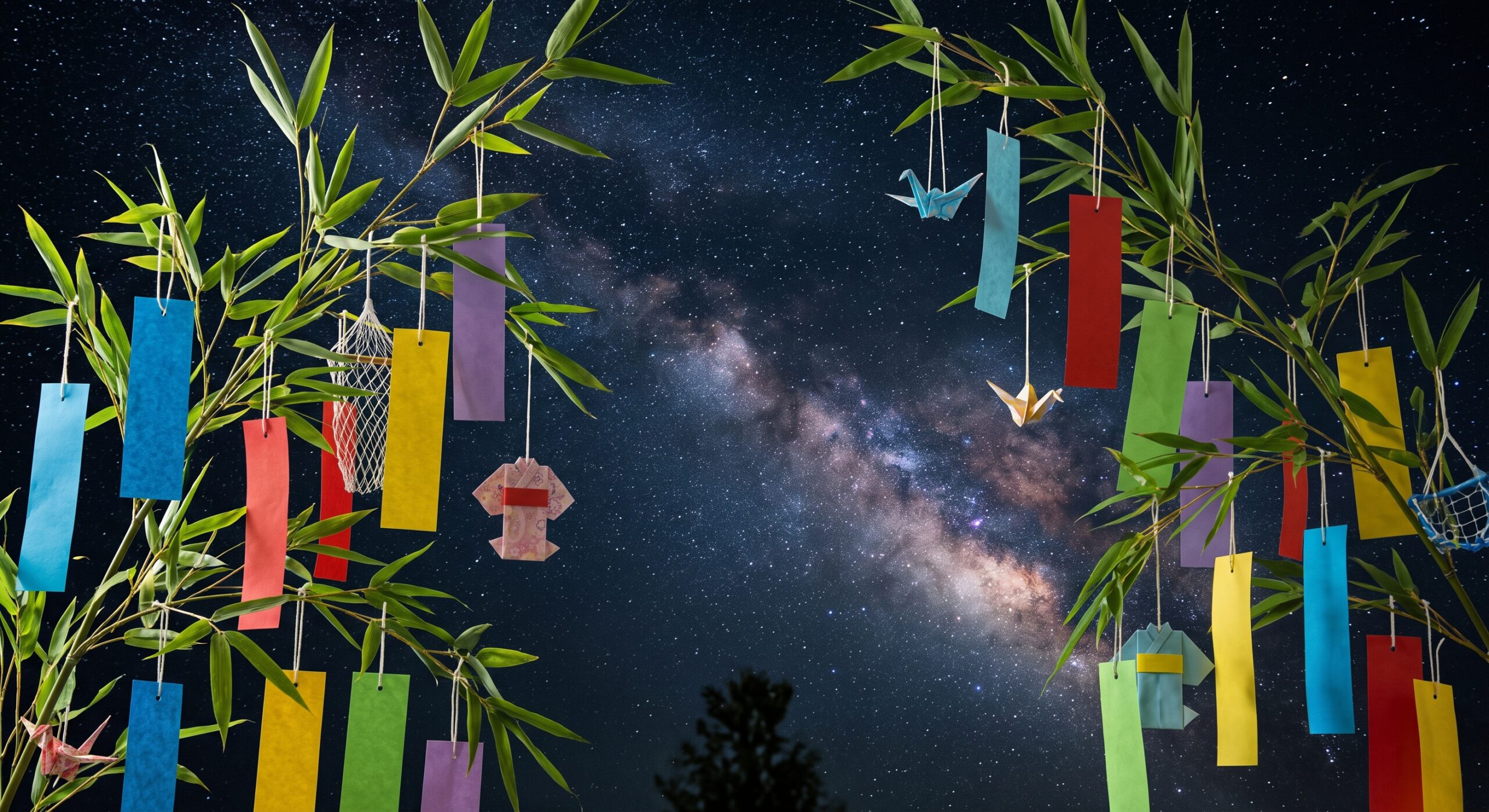 色とりどりの短冊が下がる笹と夜空に広がる天の川