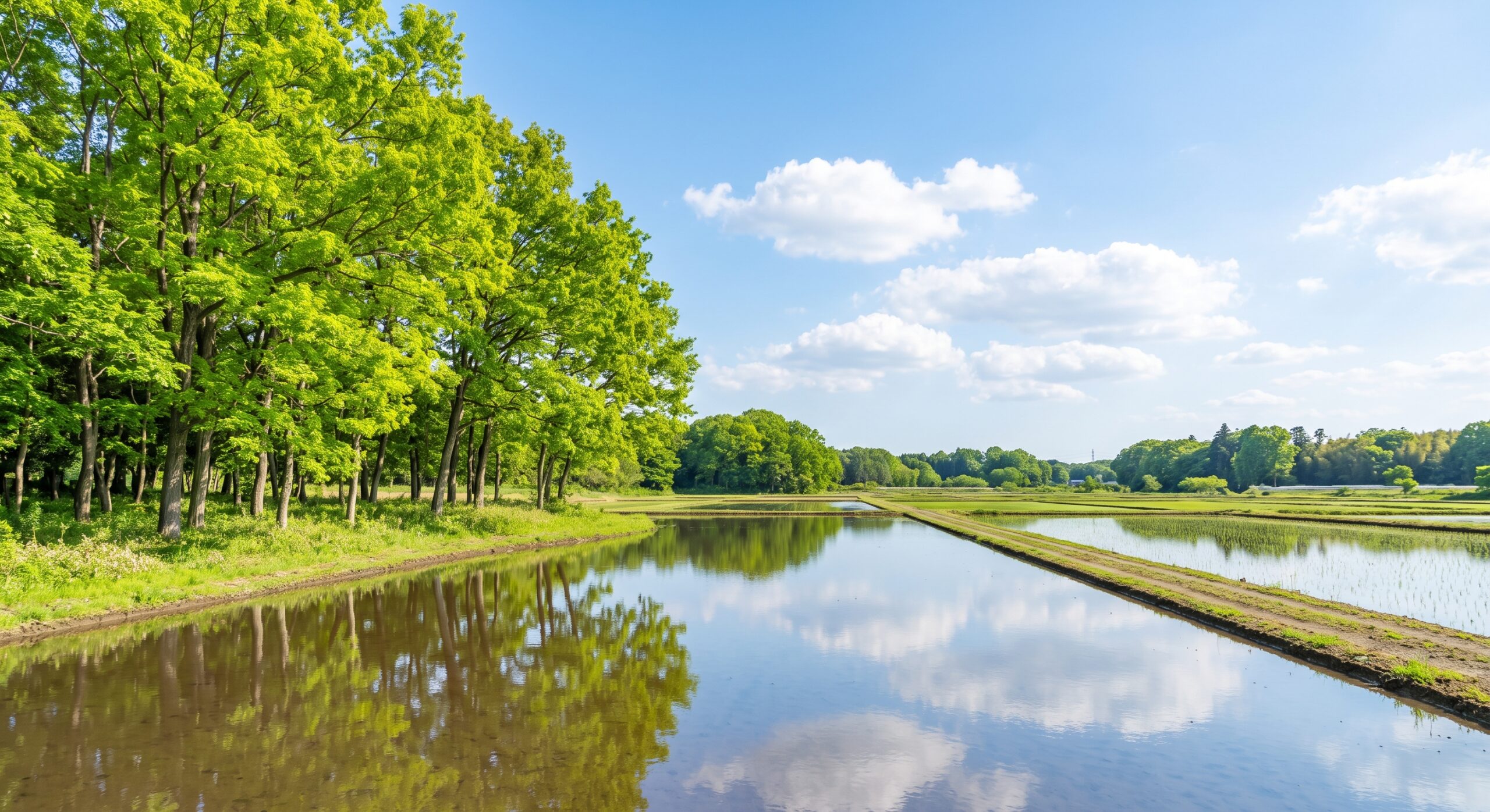 若葉が茂る木立と水を張った田が広がる初夏の風景