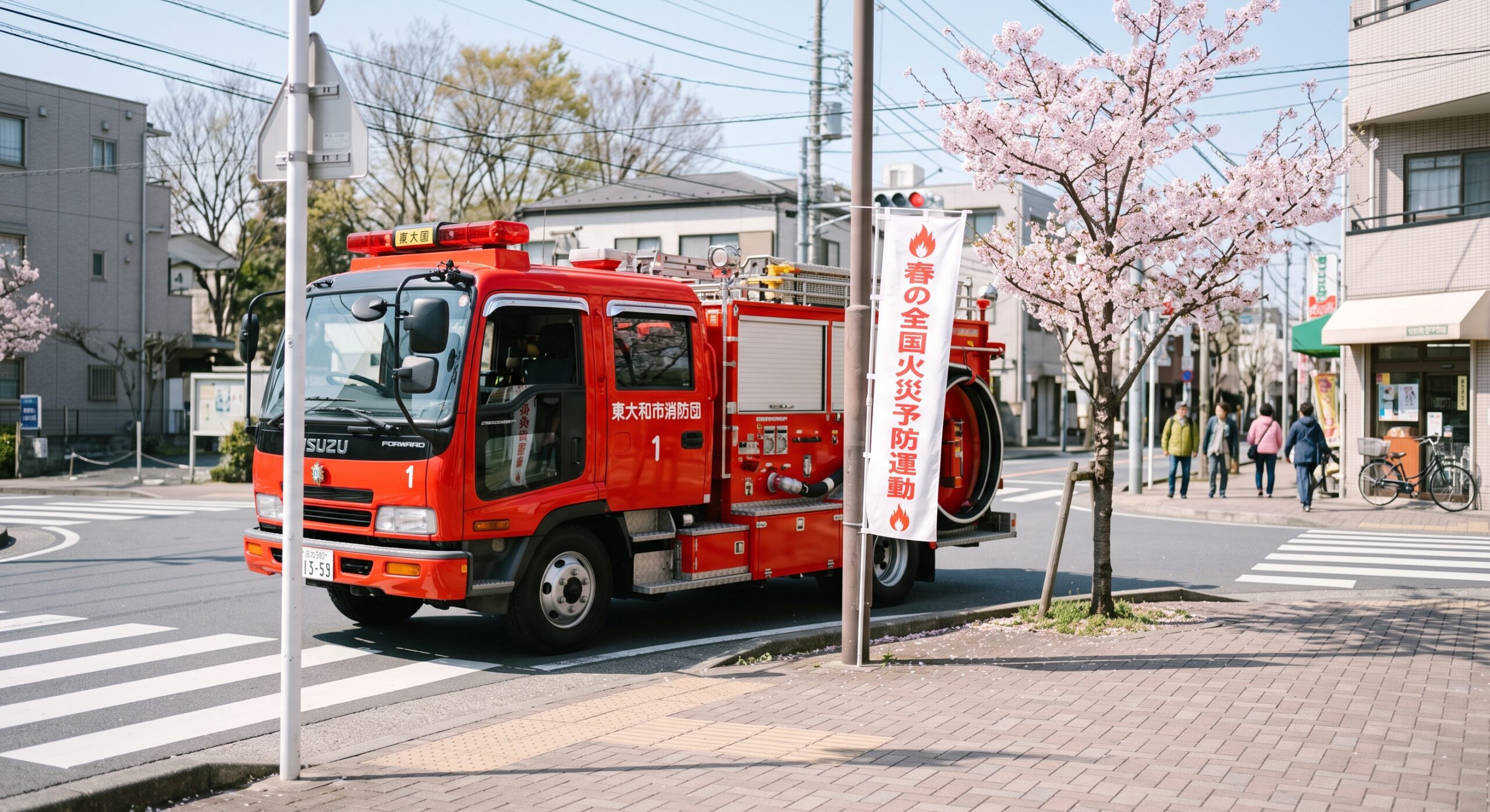 消防車と防火の呼びかけの旗が並ぶ春先の街角の風景