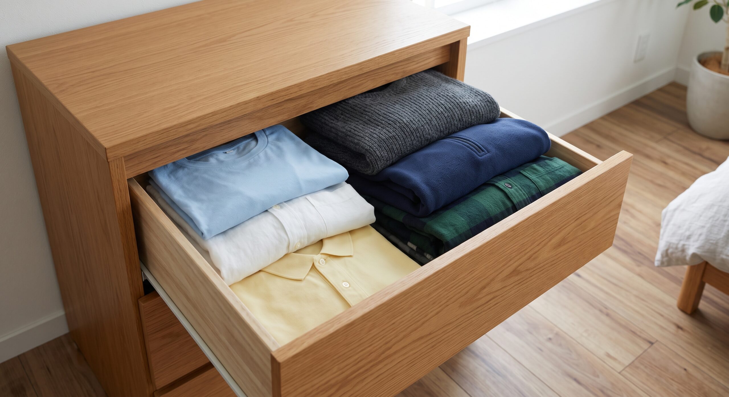 夏服と冬服を入れ替える引き出しと畳まれた衣類の並ぶ室内