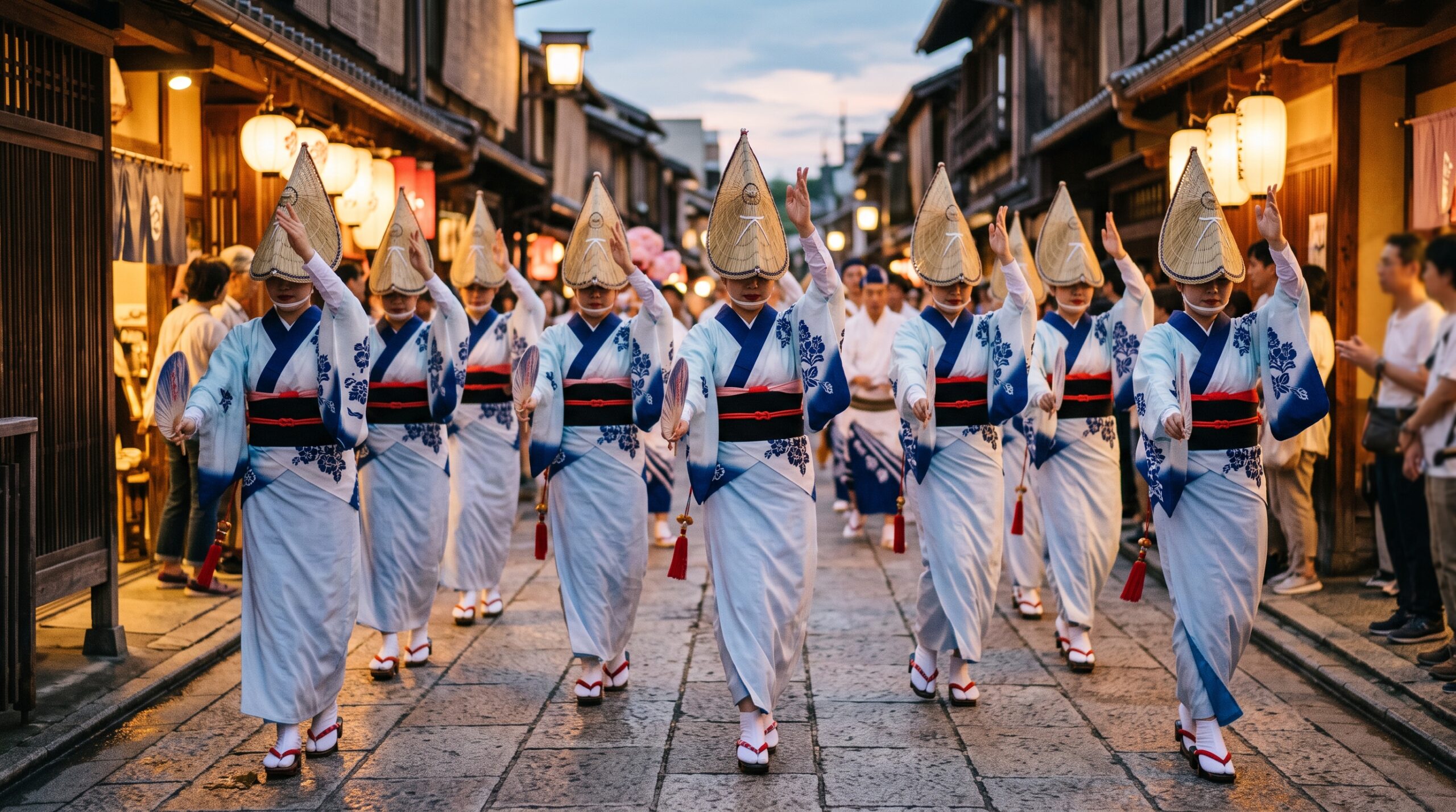 揃いの衣装を着て通りを練り歩く阿波おどりの踊り手たち