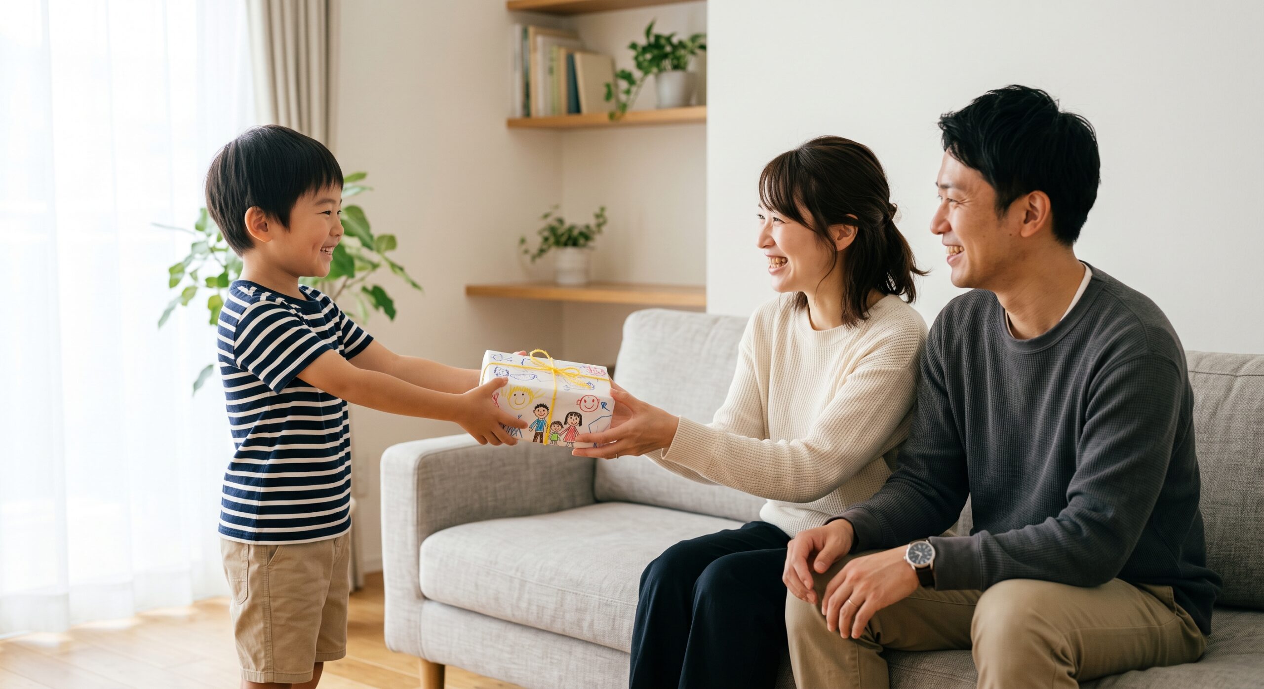 笑顔でお父さんとお母さんに手作りのプレゼントを渡す子供
