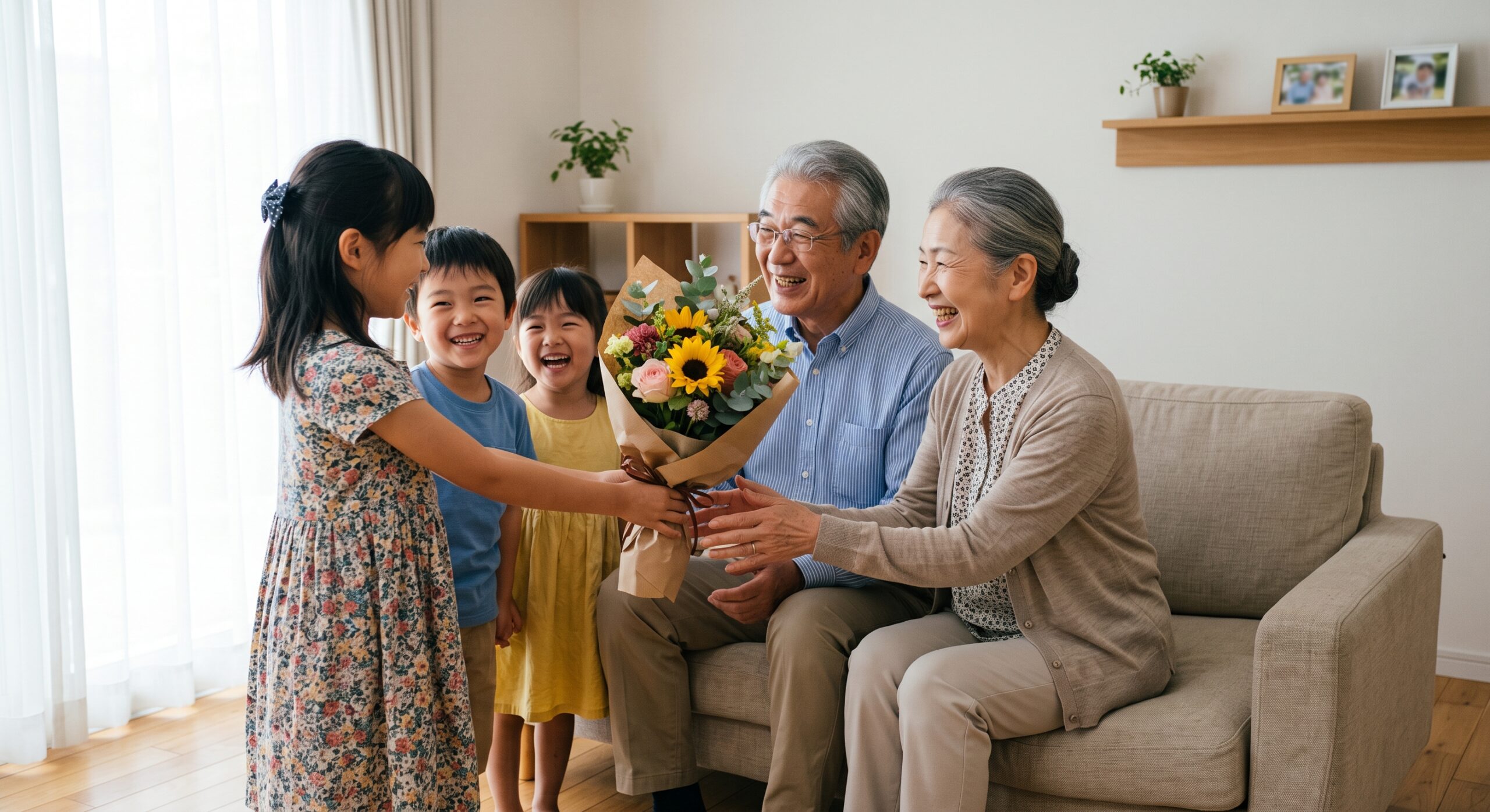 笑顔でおじいちゃんとおばあちゃんに花束を渡す孫たちの姿