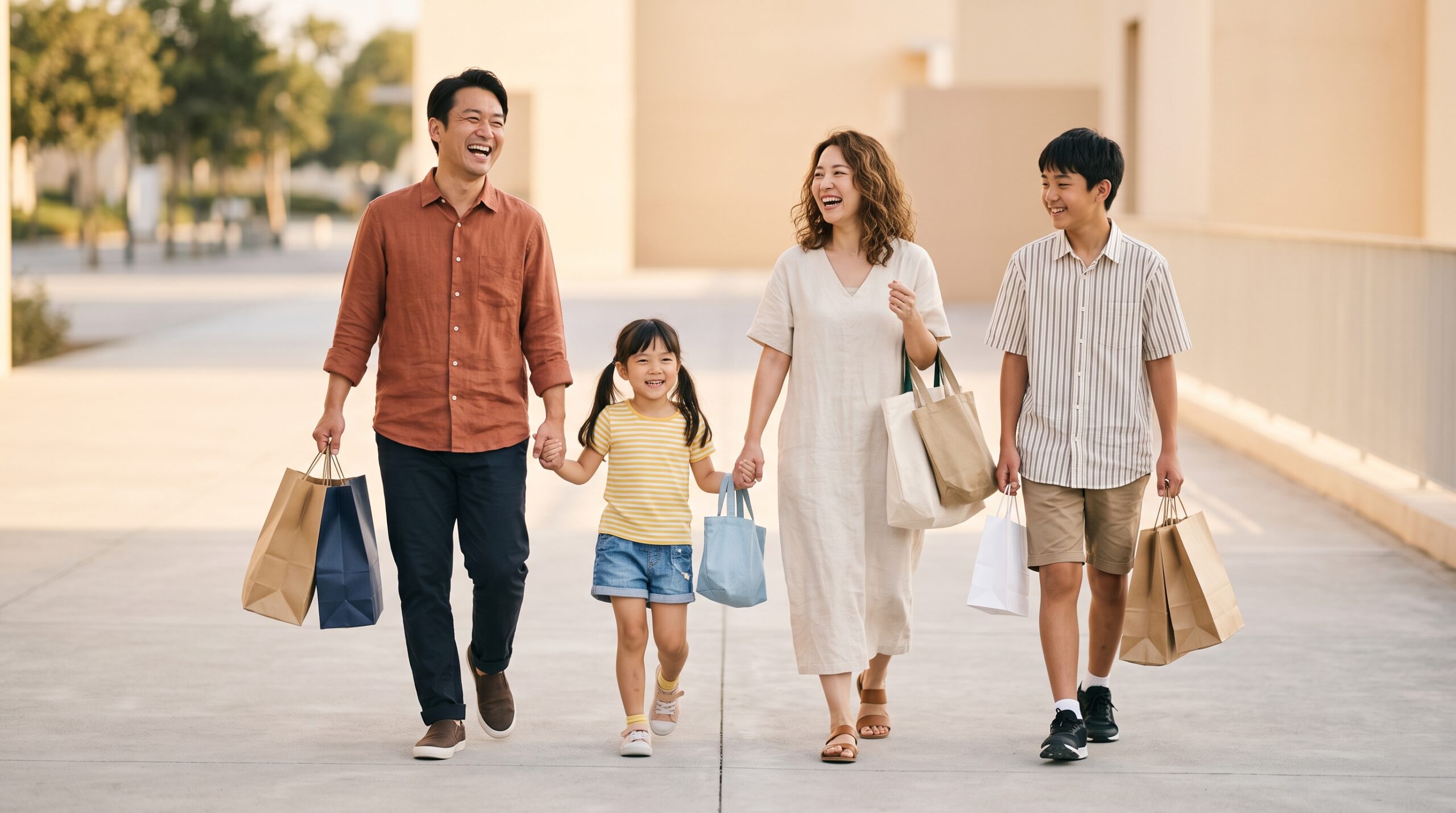 たくさんの買い物袋を持って笑顔で歩く家族の姿
