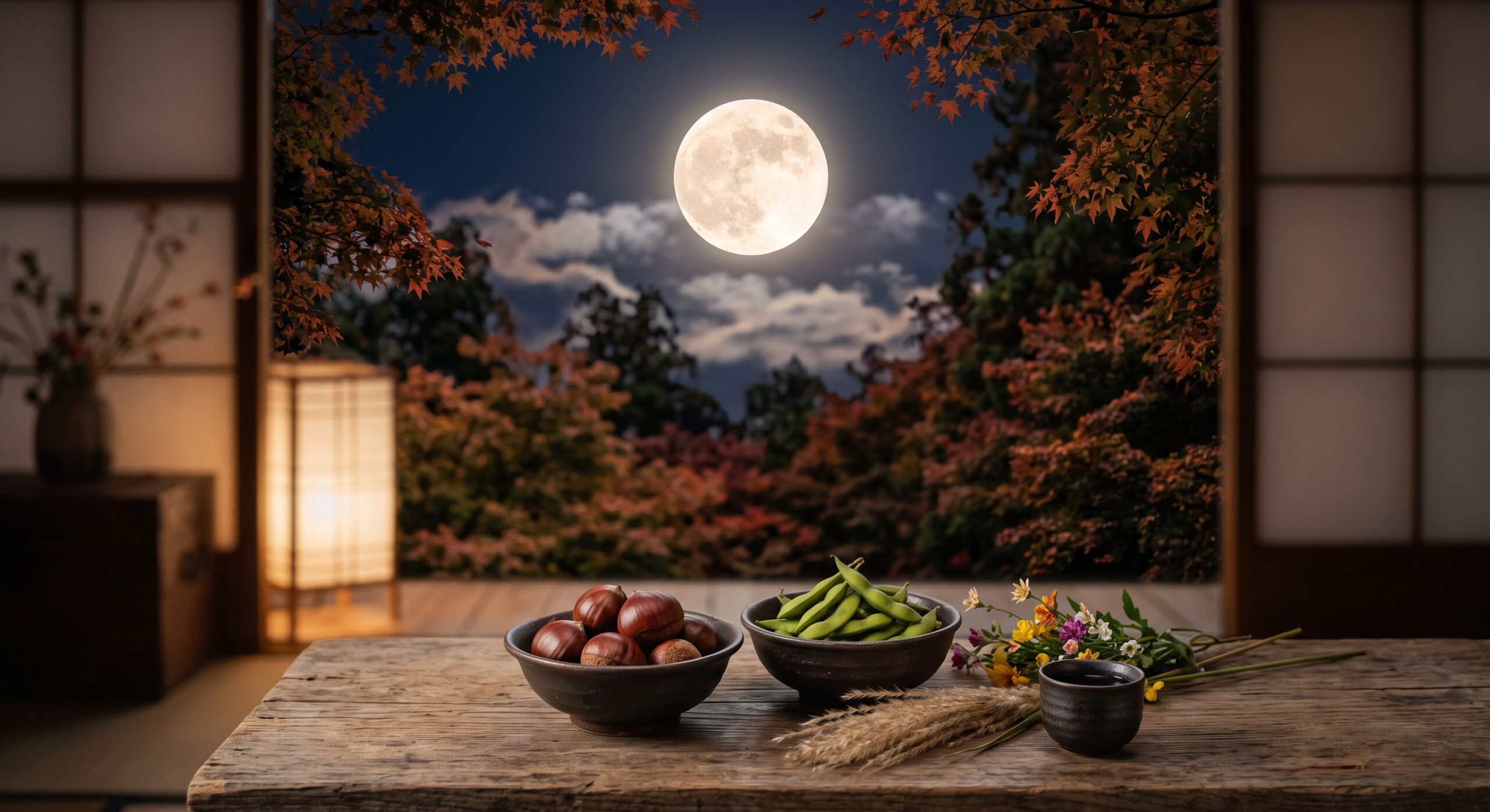 秋の夜空に輝く十三夜の月と栗や枝豆のお供え物