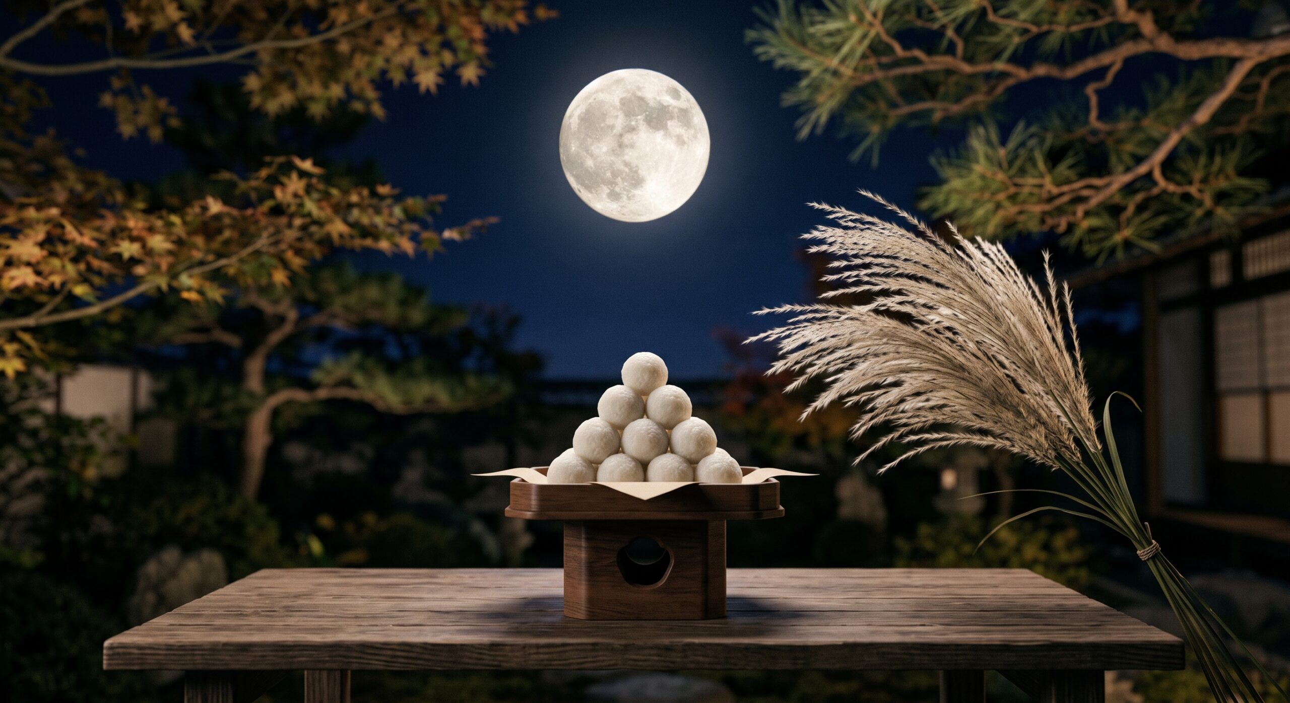 澄んだ秋の夜空に浮かぶ満月とススキやお団子の飾り